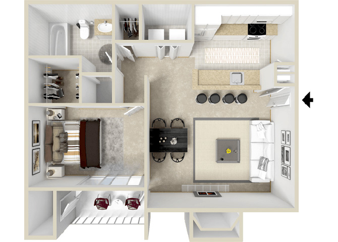 Floor plan for 1 bed, 1 bath, 689 sqft